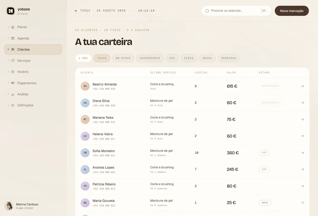 Clientes — ecrã do produto