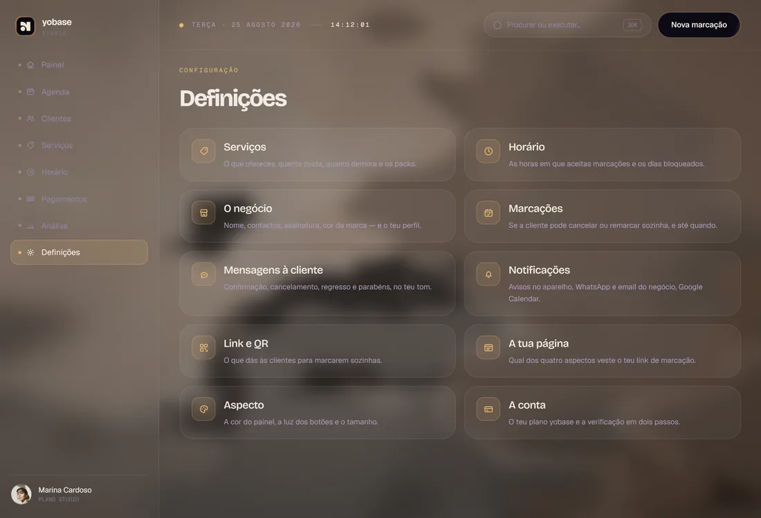 Definições — ecrã do produto