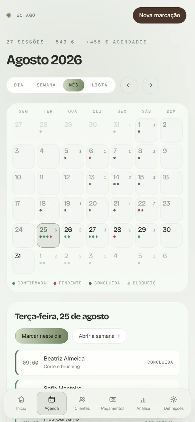 Agenda no bolso — ecrã do produto