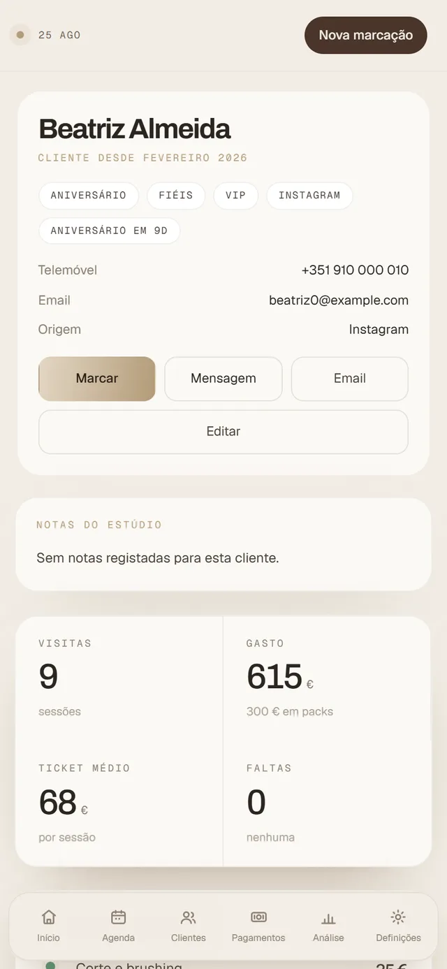 Ficha no bolso — ecrã do produto